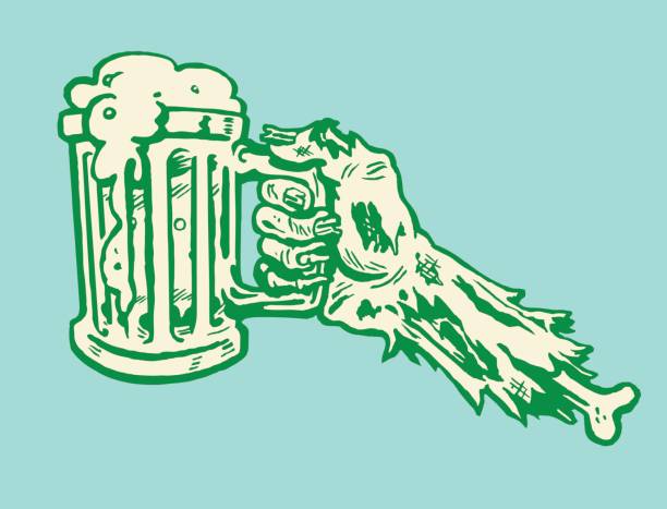 зомби рука держит пиво - color image colored background blue background animal stock illustrations