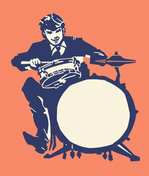 Vector illustration of Man Playing a Drum Set