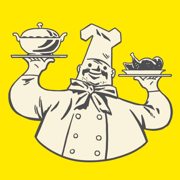 ilustrações, clipart, desenhos animados e ícones de chef segurando uma sopa tureen e prato de frango - serving food restaurant chicken