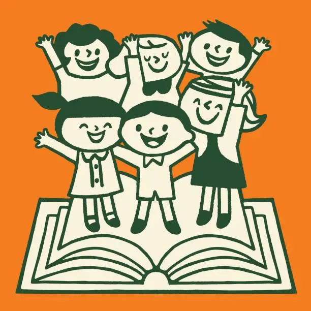 Vector illustration of Happy Children Standing On Open Book