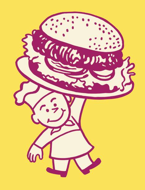 szef kuchni trzymający gigantycznego hamburgera - burger hamburger cheeseburger fast food stock illustrations