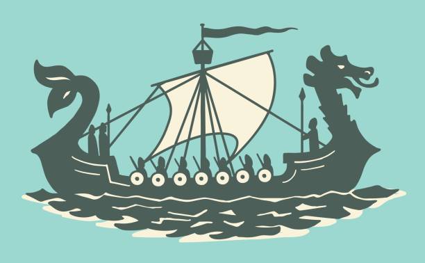 바이킹 선박 - color image colored background nautical vessel sea stock illustrations