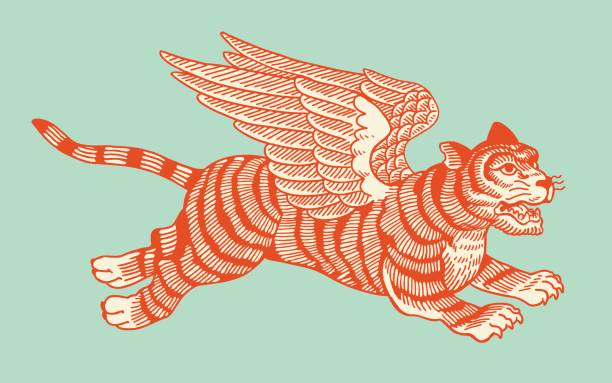 illustrazioni stock, clip art, cartoni animati e icone di tendenza di tigre alata - modern art illustrations