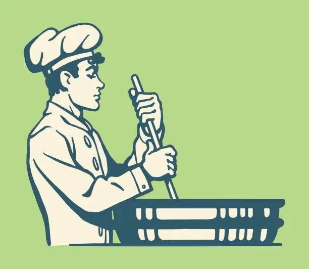 Vector illustration of Chef Stirring a Large Skillet