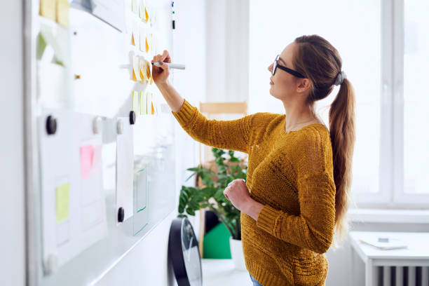 istock Young businesswoman planning on whiteboard in startup office 1328200302