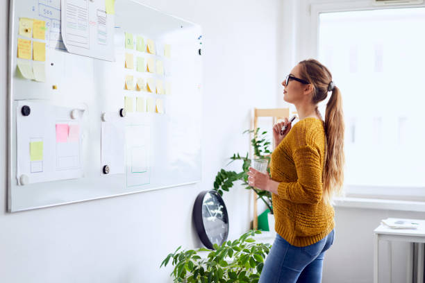 istock Young businesswoman planning on whiteboard in startup office 1328200314