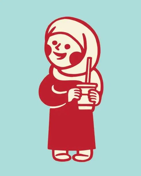 Vector illustration of Woman Wearing a Hijab Holding a Drink