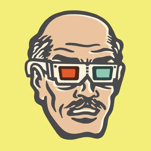 Vector illustration of Bald Man Wearing 3D Glasses