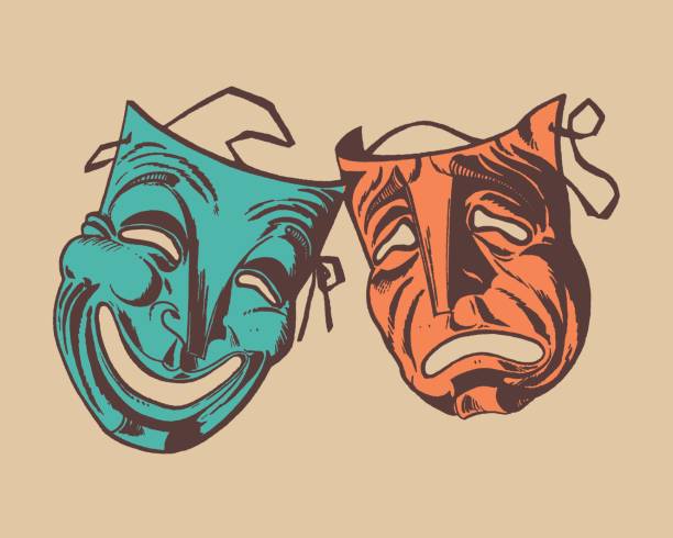 ilustraciones, imágenes clip art, dibujos animados e iconos de stock de dos máscaras de teatro, símbolo de comedia y drama - máscara de teatro