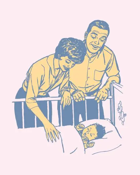 Vector illustration of Parents standing close to baby bed