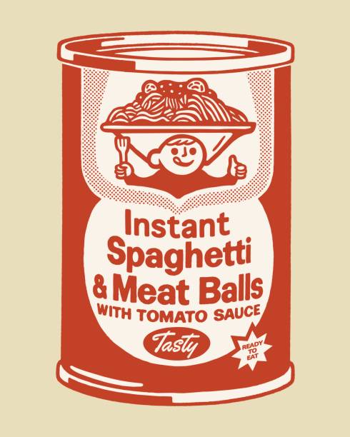 Illustration of instant spaghetti and meat balls food can vector art illustration