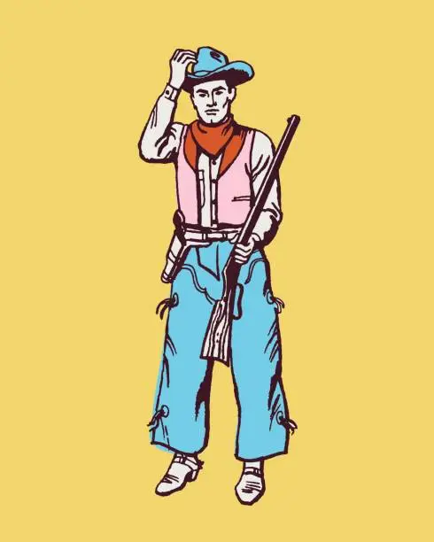 Vector illustration of Portrait of cowboy standing with rifle in hand