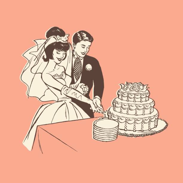 Bride and groom cutting wedding cake Bride and groom cutting wedding cake bride illustrations stock illustrations