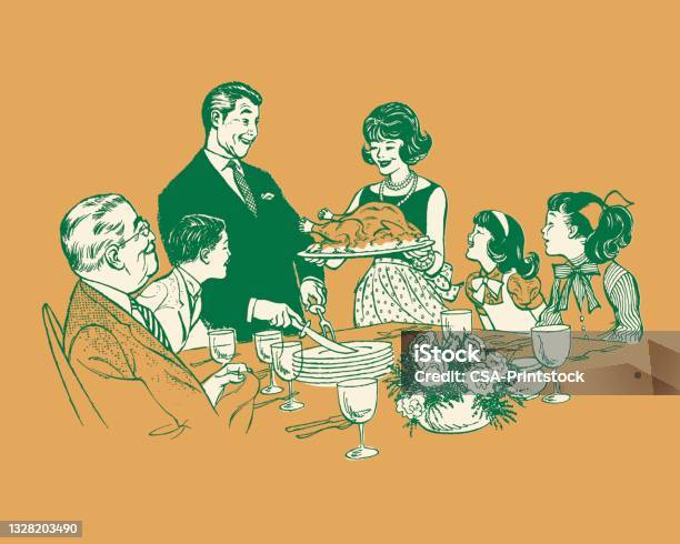 Smiling Family Eating Dinner Stock Illustration - Download Image Now - Thanksgiving - Holiday, Family, Dinner