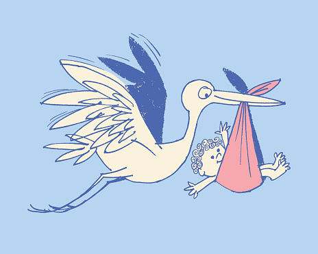 Illustration of stork delivering baby