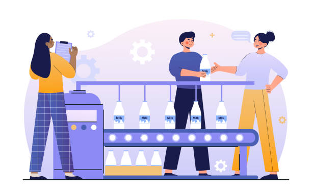 illustrations, cliparts, dessins animés et icônes de personnages masculins et féminins travaillant sur le processus d’automatisation industrielle de l’emballage du lait - milk industry milk bottle factory