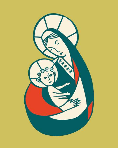 ilustraciones, imágenes clip art, dibujos animados e iconos de stock de virgen maría abrazando al niño jesús - virgin mary