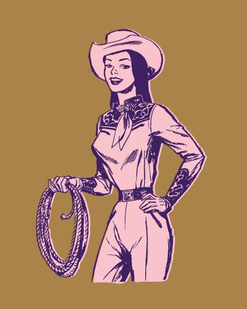 porträt eines jungen cowgirls, das mit lasso in der hand posiert - cowgirl stock-grafiken, -clipart, -cartoons und -symbole