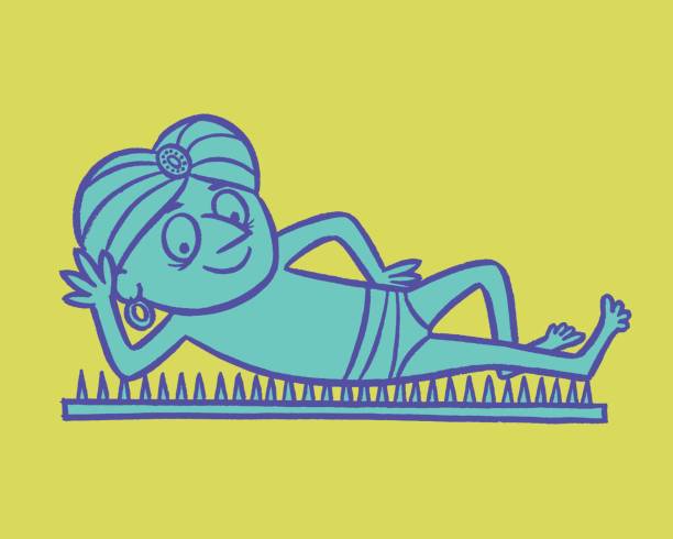 Illustration of cartoon fakir on bed of nails Illustration of cartoon fakir on bed of nails bed of nails stock illustrations