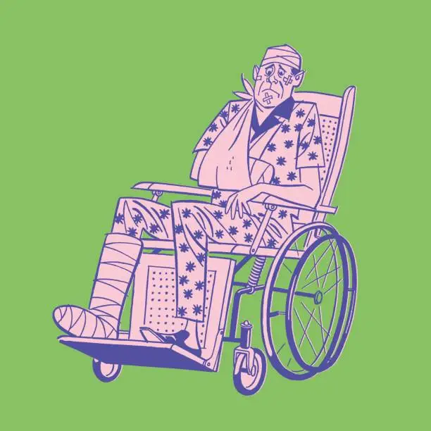 Vector illustration of Illustration of man in wheelchair with broken arm and leg