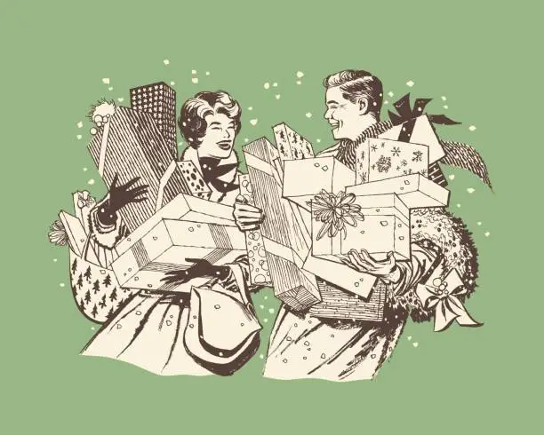 Vector illustration of Illustration of couple carrying lots of Christmas presents