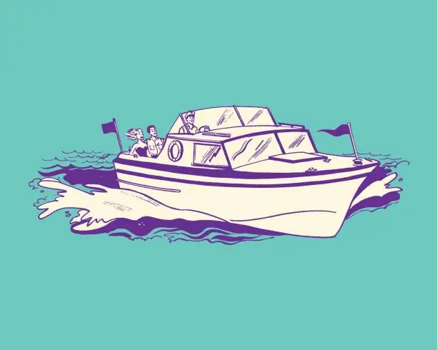 Vector illustration of Illustration of three people motorboating