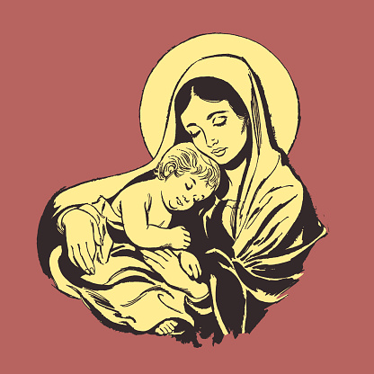 Illustration of Virgin Mary holding baby Jesus