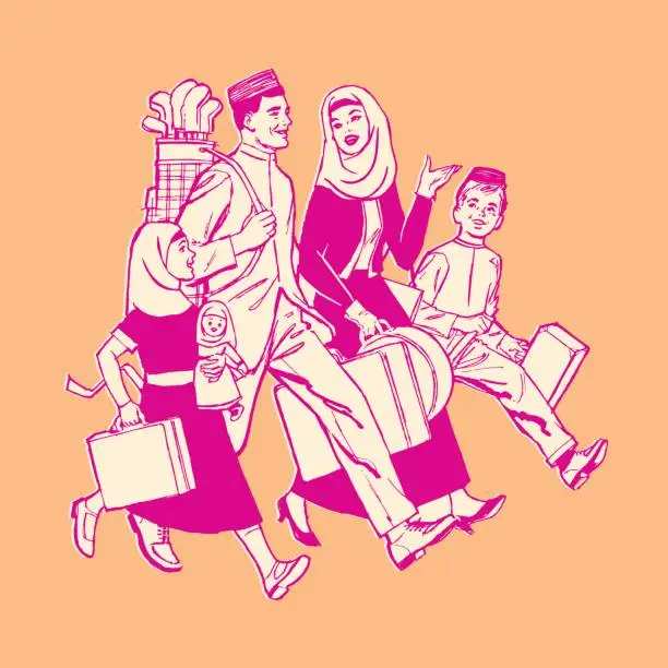 Vector illustration of Illustration of family walking with luggage