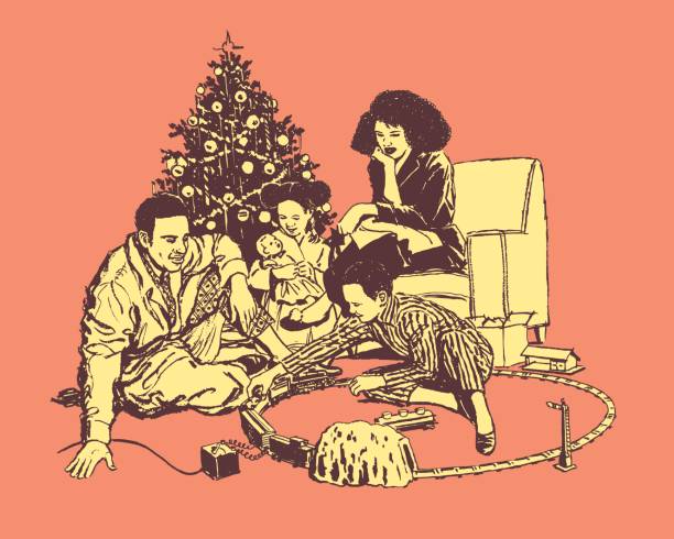 Illustration of family playing with toys Illustration of family playing with toys diverse family christmas stock illustrations