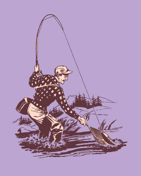 Illustration of man fishing in river