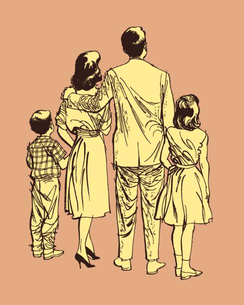 Illustration with rear view of family standing together