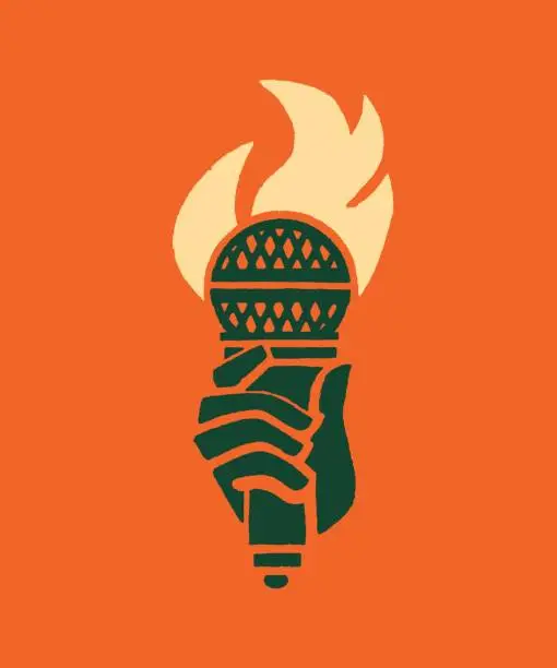 Vector illustration of View of human hand holding microphone on fire