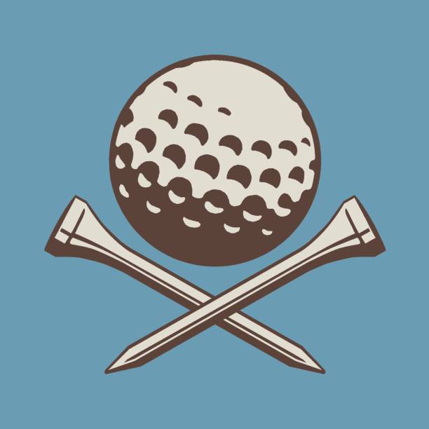 ilustraciones, imágenes clip art, dibujos animados e iconos de stock de vista de la pelota de golf con el soporte de la bola de golf cruzado debajo - tee