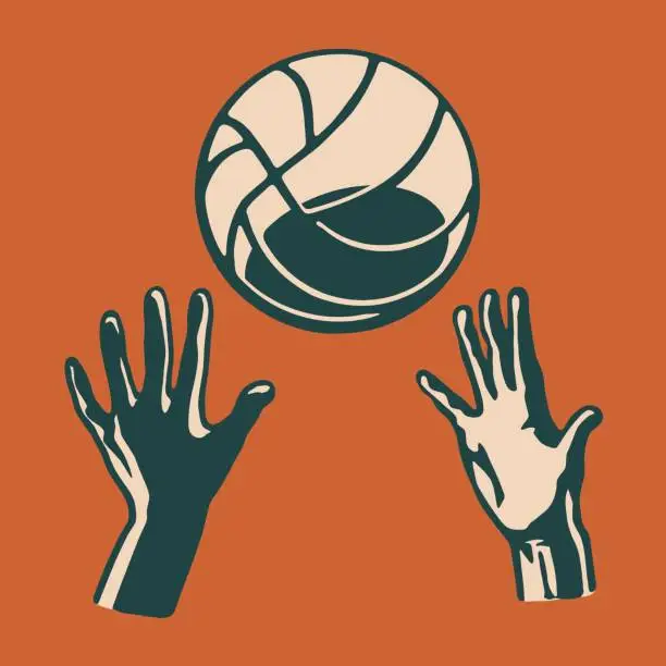 Vector illustration of Two hands reaching for flying volleyball