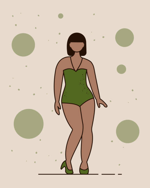 seorang wanita asia gemuk dengan pakaian renang hijau berdiri dan berpose - big size woman asian ilustrasi stok