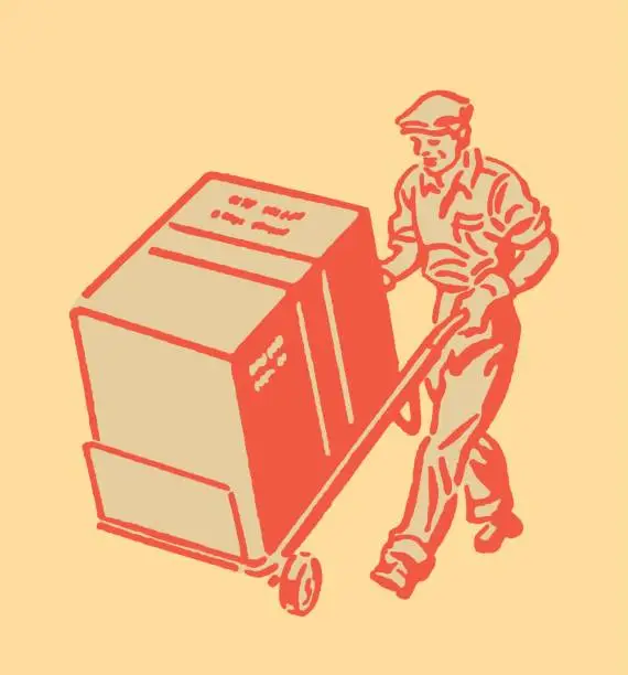 Vector illustration of Man Moving a Box on a Two Wheel Cart