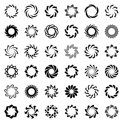 Set of circle design elements. Vortex and whirlpool symbols. Swirling circles. Vector design elements isolated on white background