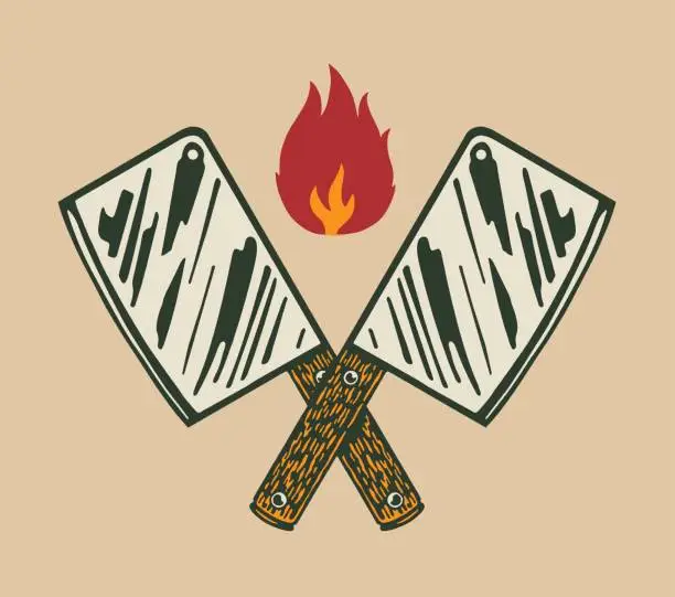 Vector illustration of Crossed Butcher Knives and Flame