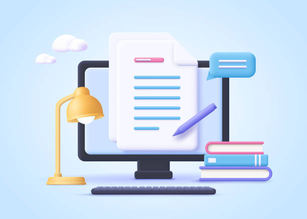 stockillustraties, clipart, cartoons en iconen met homework assignment. concept of e-learning, online education, home schooling, web courses, tutorials. 3d realistic vector illustration. - huiswerk