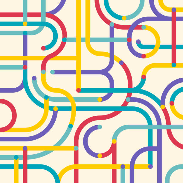 ilustraciones, imágenes clip art, dibujos animados e iconos de stock de patrón de fondo de intersección de metro de ruta de laberinto abstracto - curva forma ilustraciones
