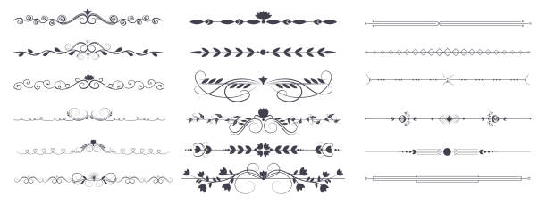 Divider ornament is a large collection set. Hand-drawn vector line dividers decorated with flowers and leaves. Decorations for greeting cards and posters. Vector illustration, isolated set Divider ornament is a large collection set. Hand-drawn vector line dividers decorated with flowers and leaves. snowboarding stock illustrations