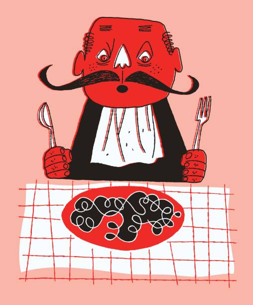 ilustrações de stock, clip art, desenhos animados e ícones de man with huge mustache eating pasta - eating senior adult color image spaghetti