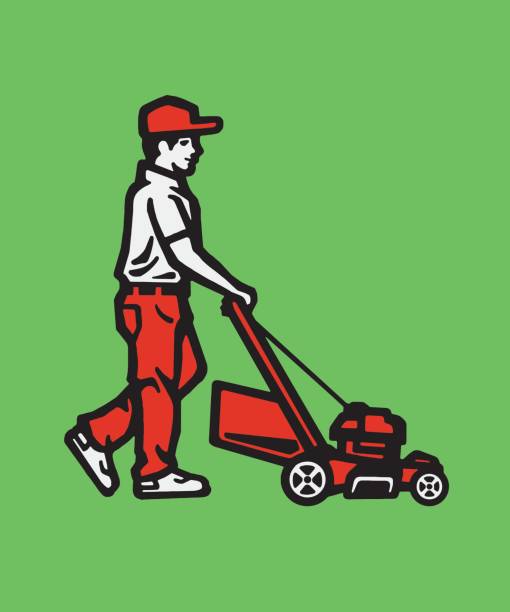 ilustrações, clipart, desenhos animados e ícones de homem cortando o gramado - striding