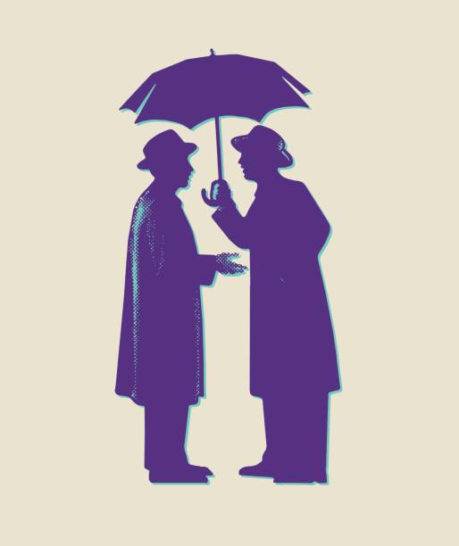 ilustrações de stock, clip art, desenhos animados e ícones de two men talking under an umbrella - umbrella men business businessman