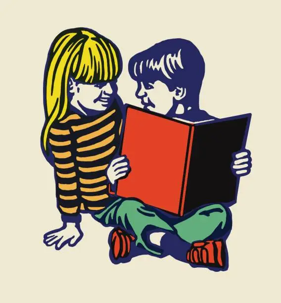 Vector illustration of Two Children Reading a Book