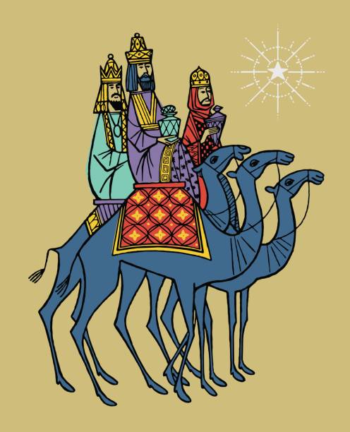 ilustraciones, imágenes clip art, dibujos animados e iconos de stock de tres reyes magos en camellos - reyes magos