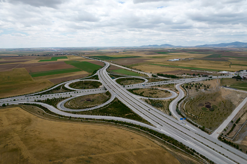 Aerial view of highway and overpass with rural Scene
