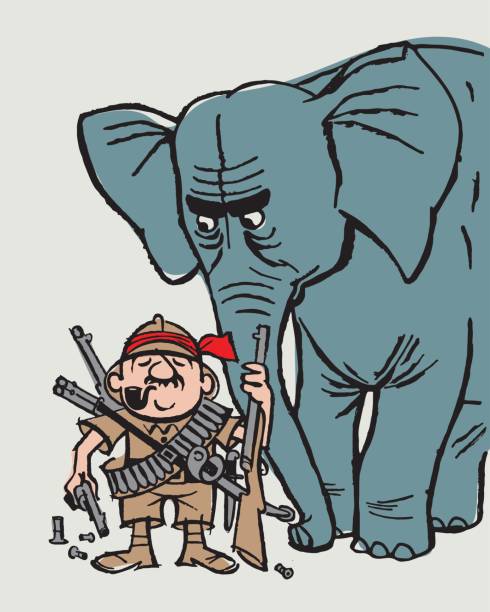 Elephant Looking at Man with Weapons