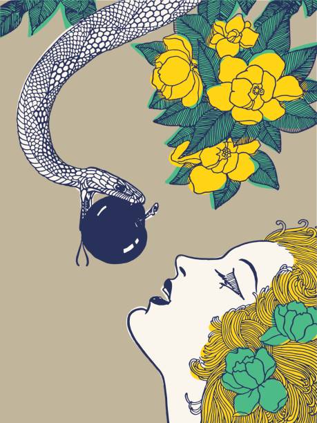 ilustrações, clipart, desenhos animados e ícones de cobra tentadora uma mulher com uma maçã - eve