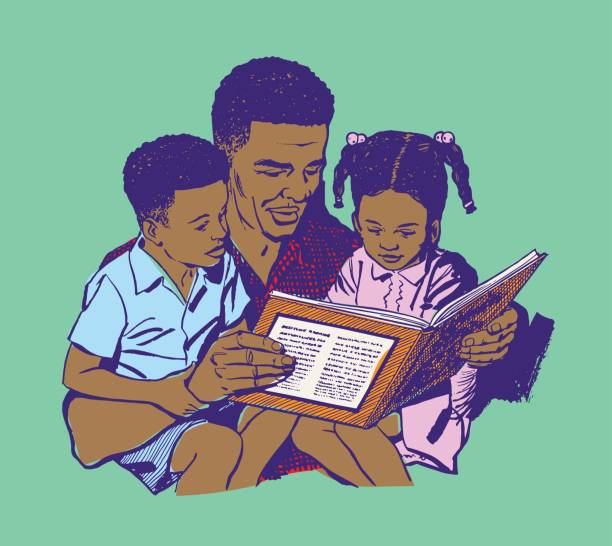 ilustraciones, imágenes clip art, dibujos animados e iconos de stock de padre leyendo a los niños - child book reading offspring
